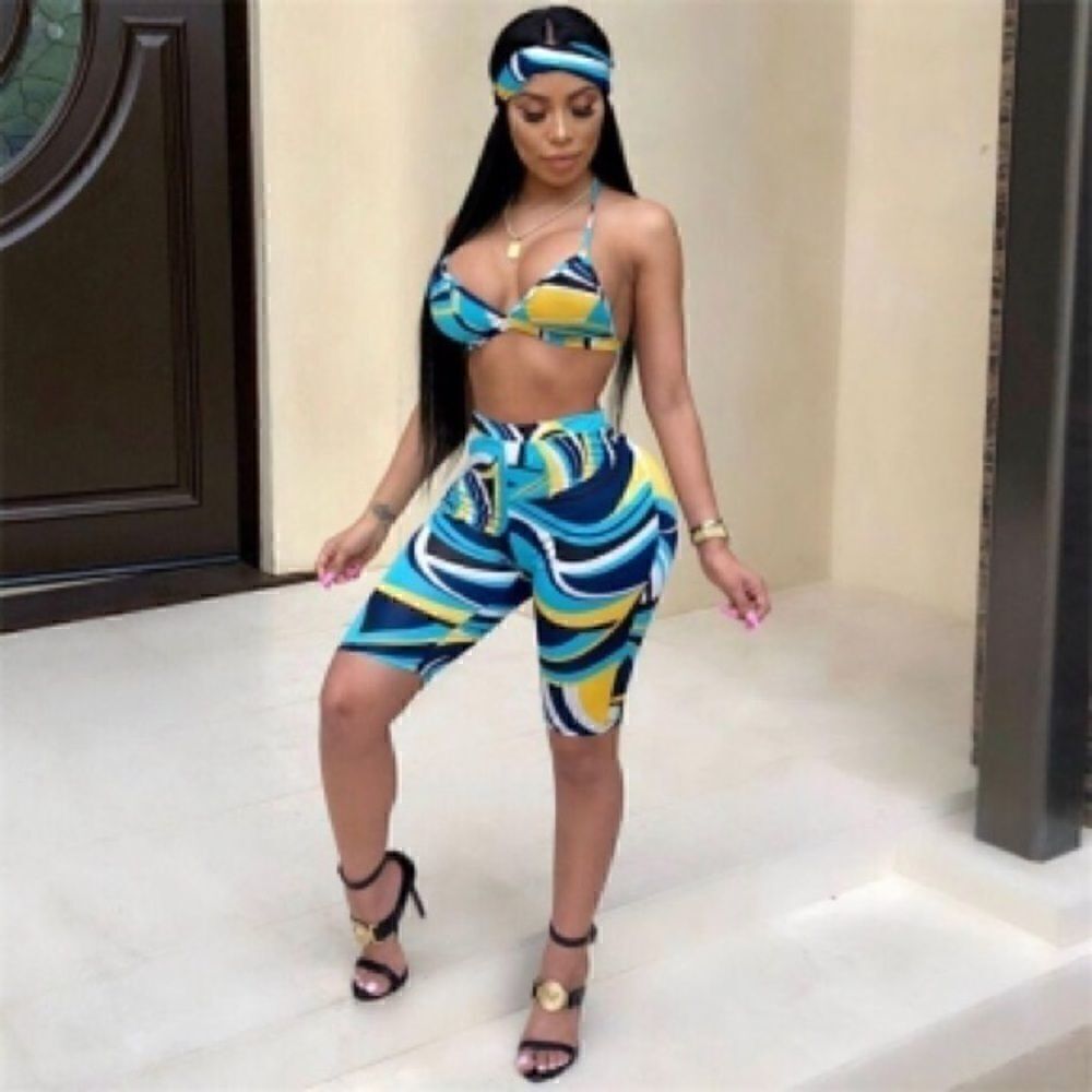 Sexy Blue Printed Bra, Headband, Bodycon Set XL